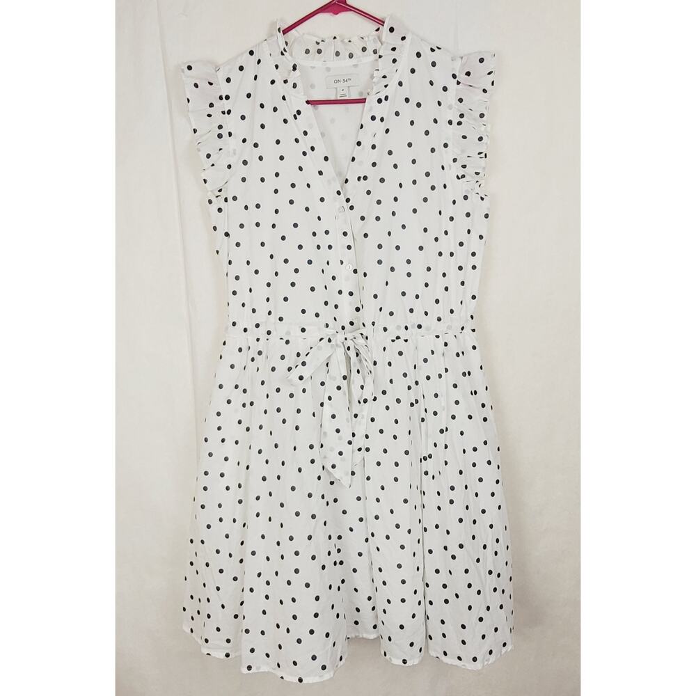 On 34th white blue polka dot ruffled sleeve button up shirt dress Size Med Retro